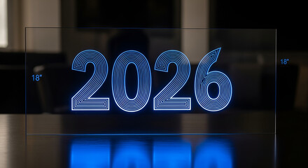Blue glowing 2026 text on glass panel future technology concept