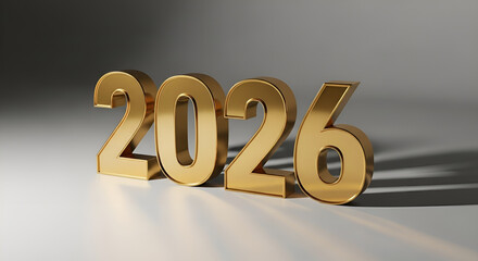Golden 2026 year number 3D render on grey background new year celebration and future concept