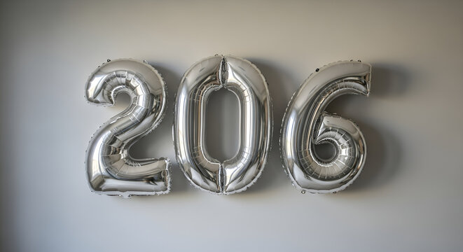 Shiny silver foil balloons displaying number 206 on a light grey background