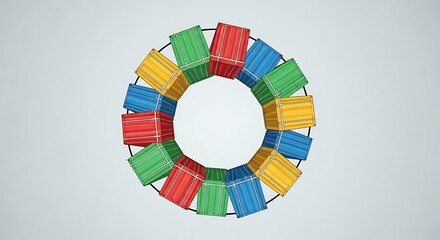 Obraz premium Shipping containers with barbed wire forming infinity symbol against white background, low angle view highlighting global trade security and border control concepts.