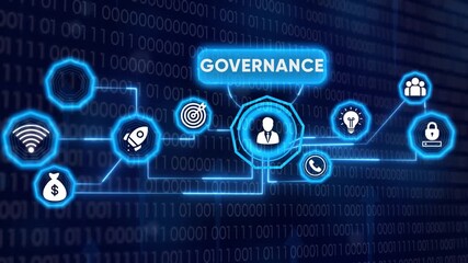 Governance concept with connected icons on digital binary code background - Powered by Adobe