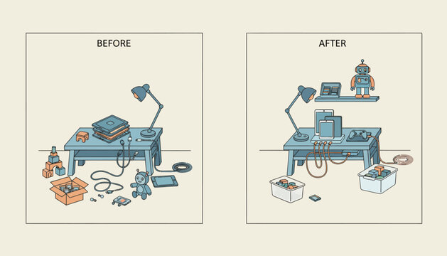 A split image showing a childs room before and after implementing tech organization techniques highlighting a balance between digital and physical spaces.