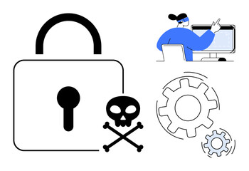 Lock and crossbones representing cyber threats, gears symbolizing system functionality, individual examining computer. Ideal for cybersecurity, hacking, data protection, IT, system control, malware