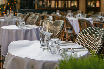 Al fresco tables waiting for customers at an outdoor restaurant in Nice, France