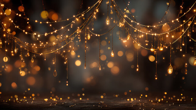 Twinkling fairy lights glow in soft amber. Golden garland loops around festive corner. Warm bulbs dangle on celebration wire. Holiday sparkle brightens the dark scene. Stock Illustration