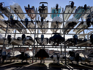 Marine boat storage facility in port of Portsmouth, UK.