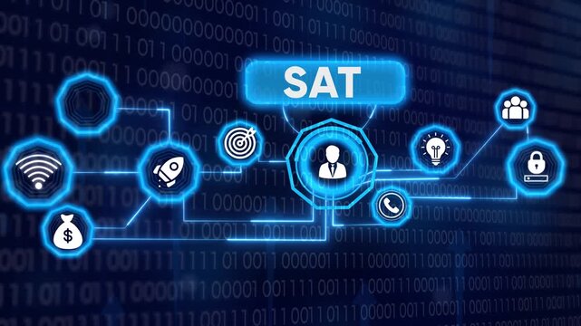 Sat concept on binary code background with connecting icons