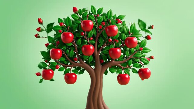 Tree transitions from bare branches to lush green leaves and finally to fruit-bearing, showcasing the beauty of nature's growth, with dynamic camera movement