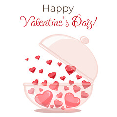 Glass bowl, lid open, red hearts flying out, Happy Valentine's Day