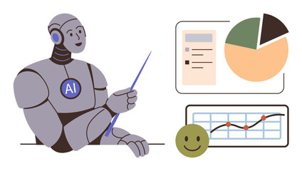 Humanoid robot with AI emblem holding pointer, explaining data charts, graphs, and smiling icon. Ideal for technology, education, automation, analysis innovation research digital concepts. Simple