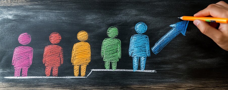 Leader drawing career growth steps with colorful human figures on chalkboard