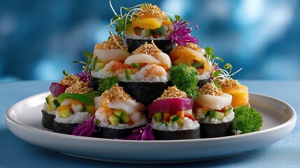 Christmas tree baby food. Edible Christmas tree made of colorful sushi rolls garnished with vibrant vegetables and delicate flowers, showcasing a festive culinary concept for holiday celebrations