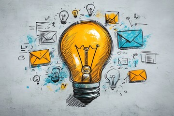 Sketch of a lightbulb with email and idea icons
