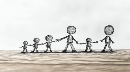 Stickfigure illustration with tall grounded teachers collaboratively showing a path to a small stickfigure, handdrawn pencil lines, minimalist style, learning support theme