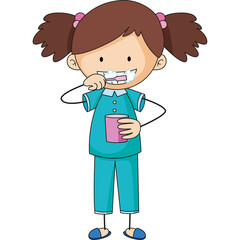 Child brushing teeth with pink cup turquoise pajamas on transparent background
