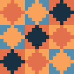 Stepped diamond pattern created from small terracotta, orange and dark navy blue squares in orange, blue and terracotta squares