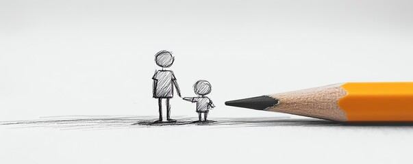 Stickfigure teachers in a mentoring pose helping a tiny stickfigure, clean pencil sketch lines, minimalist composition, subtle shading, educational leadership vibe