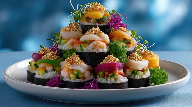 Christmas tree baby food. Edible Christmas tree made of colorful sushi rolls garnished with vibrant vegetables and delicate flowers, showcasing a festive culinary concept for holiday celebrations