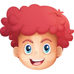 Cheerful Cartoon Boy Face with Bright Red Curly Hair and Big Blue Eyes Smiling Wide with Freckles on a Transparent Background