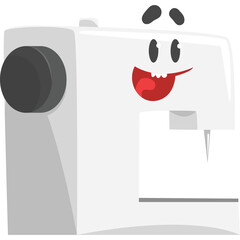 Cheerful cartoon sewing machine with wide eyes and open mouth showing tongue sticking out on a transparent background