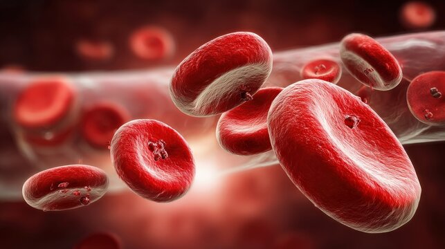 Microscopic view depicts multiple biconcave disc-shaped cells flowing through a vessel
