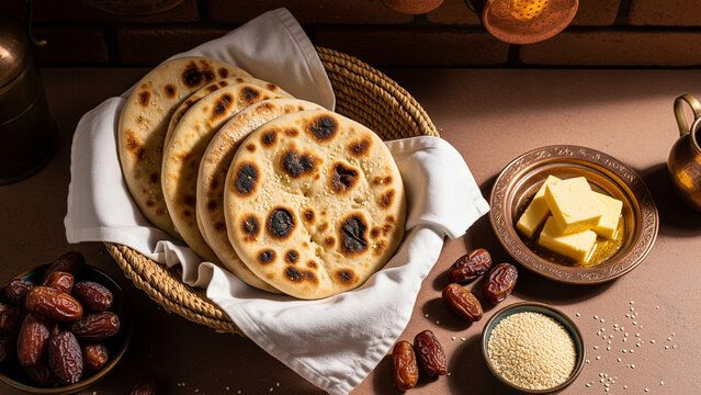Traditional Omani Wheat Bread (Khubz) with Dates, Butter, and Sesame