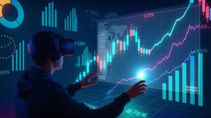 A person wearing a virtual reality headset interacts with digital financial graphs and data, showcasing the future of technology and investment analysis. - Powered by Adobe