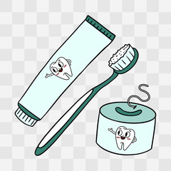 Hand-drawn illustration of dental care tools including toothpaste, toothbrush, and dental floss. Educational and cute cartoon-style design perfect for oral hygiene posters, children&rsquo;s dental education