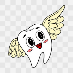 Hand-drawn cute tooth dressed as tooth fairy with wings and magic wand. Adorable cartoon dental character children’s dental education, oral hygiene posters, stickers, and dental awareness