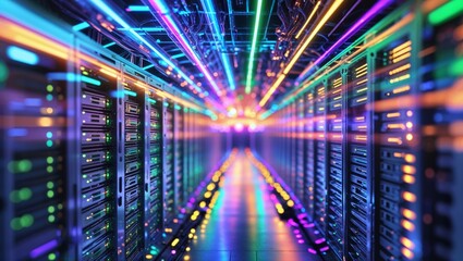 futuristic server room with colorful neon lights and data servers