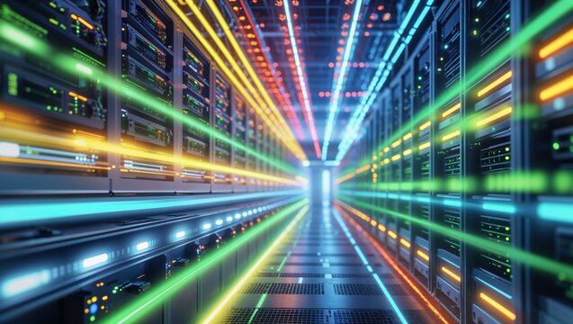 Data center with server racks and glowing network connections - Powered by Adobe