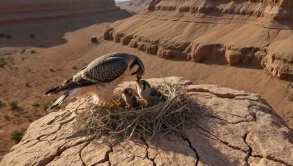 Obraz premium Bird of prey feeding its chicks in a nest on a rocky outcrop.