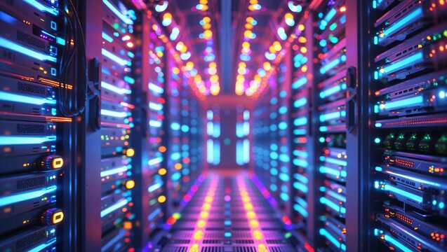 futuristic server room with glowing lights and data center equipment