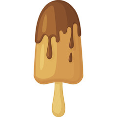 Chocolate Dipped Ice Cream Bar with Caramel Drips on a Wooden Stick and Transparent Background
