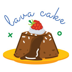 Chocolate lava cake with whipped cream and strawberry on top on a yellow plate with white sprinkles and green and blue graphic elements