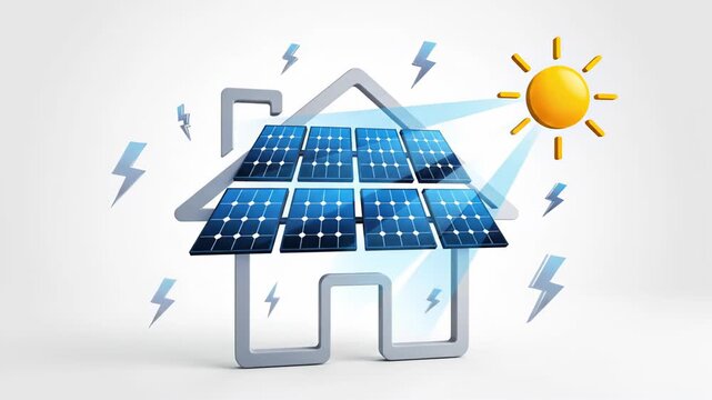 Abstract house icon evolves with solar panels, showcasing renewable energy benefits, as sunlight illuminates the structure, emphasizing sustainability and innovation in design