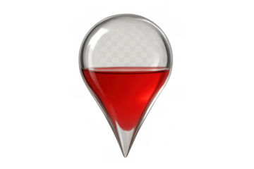 Red liquid filling glass map location pin, indicating gps navigation, travel destination, or user position