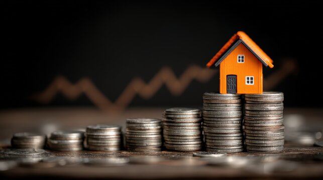 Miniature orange structure rests atop growing stacks of metallic currency against a dark background with a fluctuating line graph