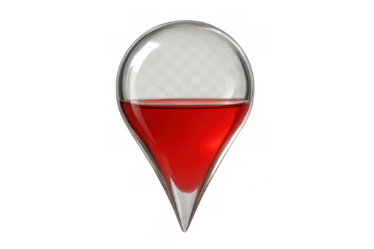 Red liquid filling glass map location pin, indicating gps navigation, travel destination, or user position