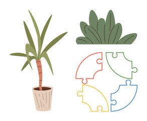 Potted palm plant, leafy bush, and a colorful circular puzzle with four interlocking pieces. Ideal for teamwork, problem-solving, sustainability, personal growth, education, nature-related themes