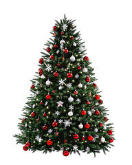 Fototapeta premium Decorated Christmas Tree With Red And Silver Baubles On Transparent Background