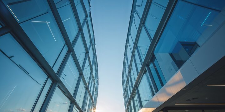 modern architecture with glass facade and clear blue sky background