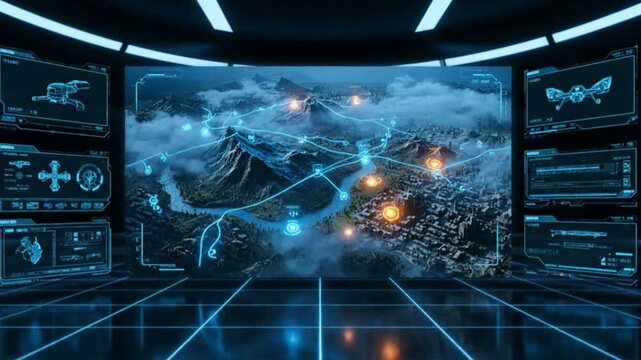 Futuristic holographic command center displays tactical map with drone schematics and city surveillance data for strategic planning and global operations