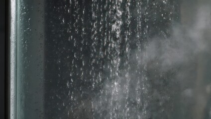 Close up of water droplets falling in a shower with steam rising.