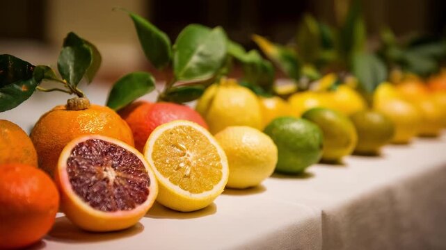 Hybrid citrus fruits displayed on a table highlighting the evolution of crossspecies breeding combining diverse taste and aroma characteristics.