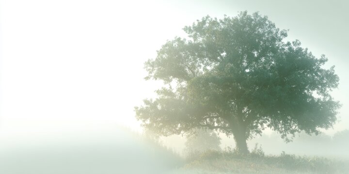 Misty morning light filters through the branches of a solitary tree in a tranquil landscape