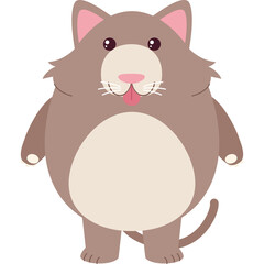 Chubby Gray Cat With Pink Ears And Light Belly Standing With Tongue Out And White Whiskers On A Transparent Background
