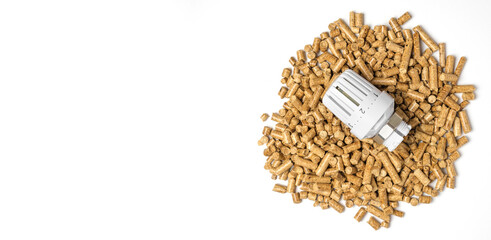 Wooden Pellets with Thermostat. Thermostatic Valve Head Isolated on White Background. Renewable Source of Heating. Biofuel. Ecologic Fuel made from Biomass. The Alternative Energy Source. Gas Crisis.