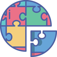 Circle formed by four pastel colored puzzle pieces and one detached piece showing connection and completion concept in flat design style