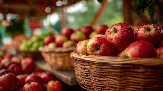Colorful display of fresh apples and fruits at a local market during sunny summer afternoon